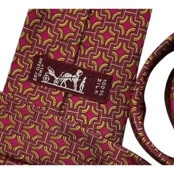 HERMÈS Men's Silk Necktie LUXURY 7331 EA Burgundy Geometric Monogram W:3.5" EUC